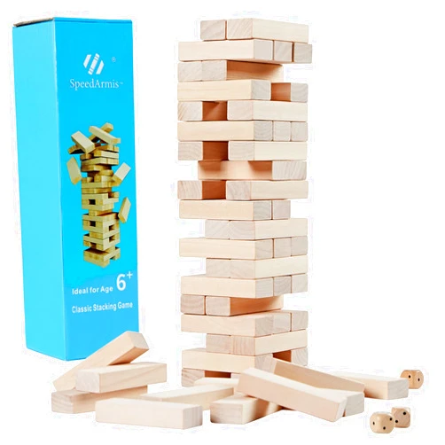 SpeedArmis Mini Tumble Tower, 54PCS Wooden Stacking Game for Kids Teens - Pine Stack Timber Board Game with 4 Dice Set - Classic ‌Xmas Gifts for Kids