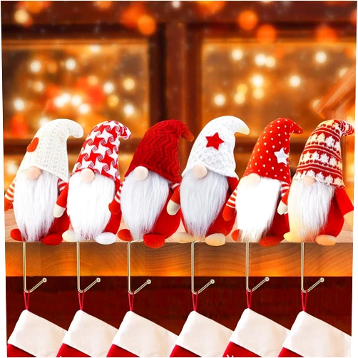 OUFINI Christmas Gnome Stocking Holders for Mantle - Set of 6 Hooks for Fireplace Hangers