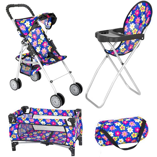 fash n kolor Doll 3 Piece Play Set Baby Doll Accessories - includes, 1 Pack N Play. 2 Doll Stroller. 3 Doll High Chair. Fits Up to 18'' Doll (Flower)