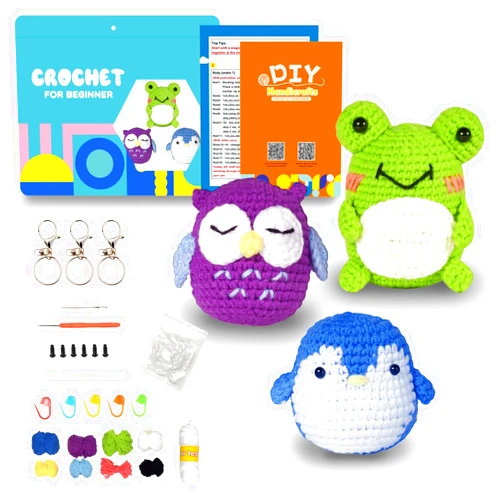 BEEBARYJ 3PCS Crochet Kit for Beginners,Crochet Starter Kit for Adults and Kids DIY Crochet Animal Kit Crocheting Knitting Kit with Step-by-Step Video Tutorials (Penguin+Frog+Owl)