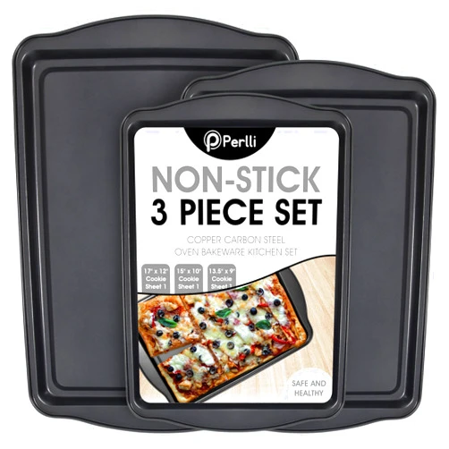 Perlli Cookie Sheets for Baking Non Stick Oven Pan Tray Baking Sheet 3-Piece Set (Small, Medium & Large) Carbon Steel BPA Free Cooking and Baking Trays for Cakes and Cookies