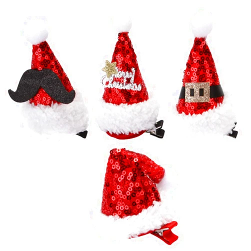 Amosfun 4pcs Christmas Hair Clip Santa Hat Hairpins Costume Headwear For Christmas Holiday Party (Red)
