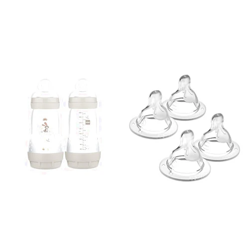 MAM Easy Start Anti-Colic Baby Bottles, 9 oz (2 Count) & Nipples Mixed Flow Pack - Slow Flow Level 1 & Medium Flow Level 2, Fits All MAM Bottles (4 Count)