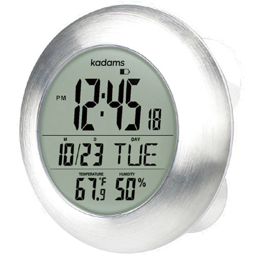 KADAMS Bathroom Shower Digital Wall Clock Large LCD Screen - Kitchen Clock - Water Resistant Timer - Seconds Counter - Temperature & Humidity Display - Multiple Mounting Options (Silver)