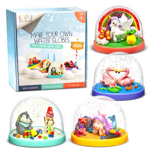 Kipipol Snow Globe Making Kit for Kids - Make Your Own Snow Globes for Girls w/ 4 DIY Snowglobe, 5 Figures, 20 Packs of Modeling Clay for Kids for Sculpting - Arts and Crafts for Girls & Boys 8-12-4-8