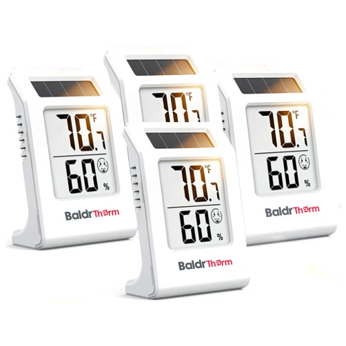 BALDR 4-Pack Digital Hygrometer Thermometer, Solar Power with Battery Backup Temperature and Humidity Monitor, Mini Room Thermometer with Comfort Indicator (White)