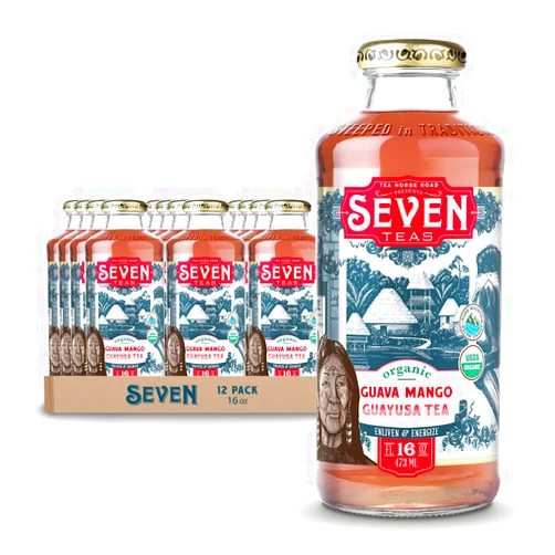 SevenTeas Guava Mango Guayusa Tea, Organic Bottled Iced Teas 16 OZ (Pack of 12 Bottles)