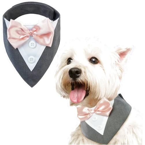 FUAMEY Dog Tuxedo,Formal Dog Wedding Bandana Dog Collar with Bow Tie Dog Birthday Costume Adjustable Pet Party Tux Dog Wedding Attire,Dog Valentines Outfit Cosplay for Small Medium Large Pets Grey XS