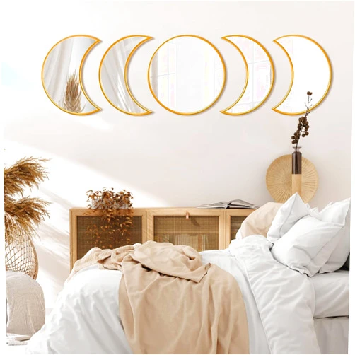 MAIPAY 5 Pieces Moon Phase Mirror Set, Crescent Moon Mirror Wall Decor Bedroom, Bohemian decoraciones para salas de casa Home Decor espejos para dormitorio Decorative Moon Phase Wall Decor(Beige)