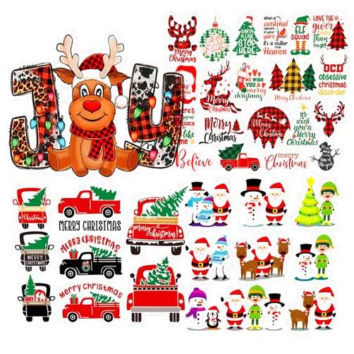 Adonisaon Xmas Iron on Stickers Christmas Patches Santa Claus Decals Snowman Deer Christmas Hat Christmas Tree Bell Penguin Pickup Gloves Heat Transfer Appliques for Clothing DIY Decor 4Pcs