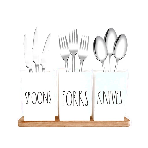 CHONIC Farmhouse Silverware Holder, Rustic Wood Silverware Caddy with Tray, Spoon Fork Knives Flatware Dispenser, Utensil Countertop Organizer, Plastic Cutlery Holder for Kitchen Party (White)