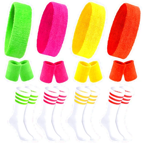 Hillban Sweatband Striped Socks Set Sports Cotton Headband Wristband 80s 90s Workout Athletic Accessory for Halloween Cosplay
