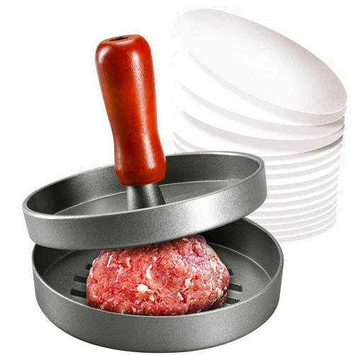 PIQUEBAR Burger Press Patty Maker Stainless Steel Hamburger Patty Press Mold Wood Handle Non-Stick with 100 Patty Papers