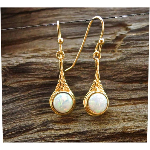 Lianie Opal Earrings, Gold Dangle Victorian Earrings with White Stone, Gemstone Drop Earrings, Unique Gift for Women, Handmade Boho Jewelry, October Birthstone