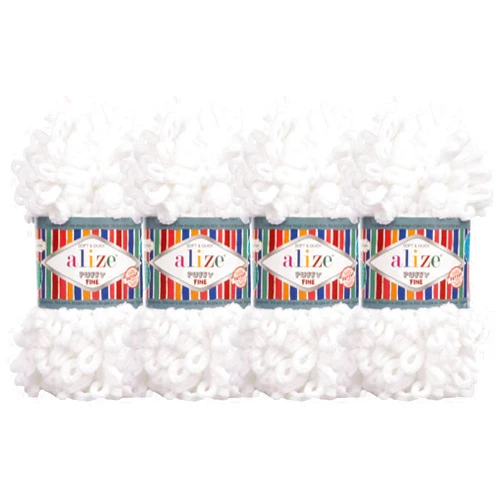 Alize Puffy Fine Baby Blanket Small Loop 100% Micropolyester Soft Yarn Lot of 4skn 400gr 64yds (55 - White)