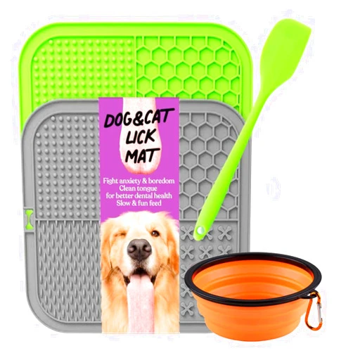 INSPECTOR TAIL 2 Durable Dog Lick Mat w Strong Suction Cups + Collapsible Bowl Bundle | Licking Pad w 4 Different Patterns for Anxious & Bored Pets | Cat Slow Feeder for Peanut Butter & Frozen Treats
