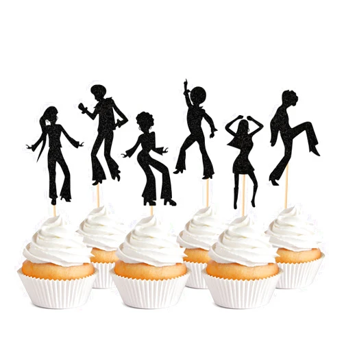 Hengmerry 36 PCS 70's Disco Cupcake Toppers 80s Disco Dancing Cupcake Picks Glitter Dancer Cake Toppers for Music Disco Theme Wedding Anniversary Men Women Birthday Party Decorations Supplies (Black)