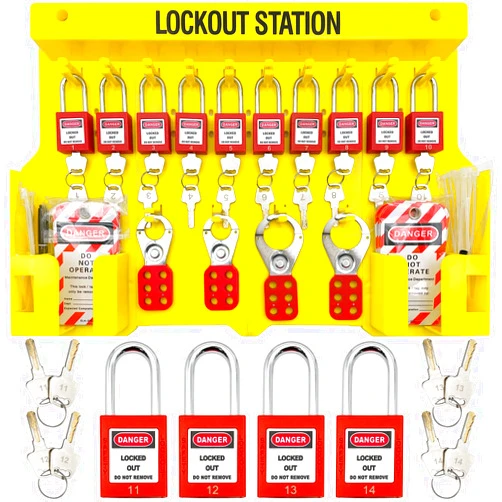 SAFBY Lockout Tagout Station,Loto Kits, Includes 14 Key Different Padlocks with Numbers, 4 Lockout Hasps, 40 Lockout Tags, 20 Nylon Cable (Big Lock Station) Yellow