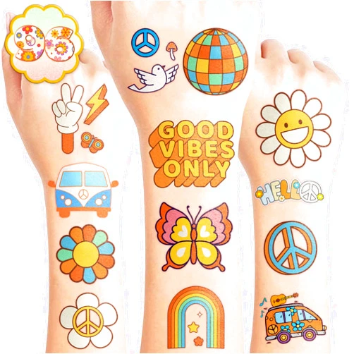 Generic 96PCS Groovy 70s Temporary Tattoos Birthday Party Decorations Favors Flower Power Good Vibes Retro Cute Tattoos Sticker Gift for Kids Boys and Girls, Prizes Themed Baby Shower Supplies