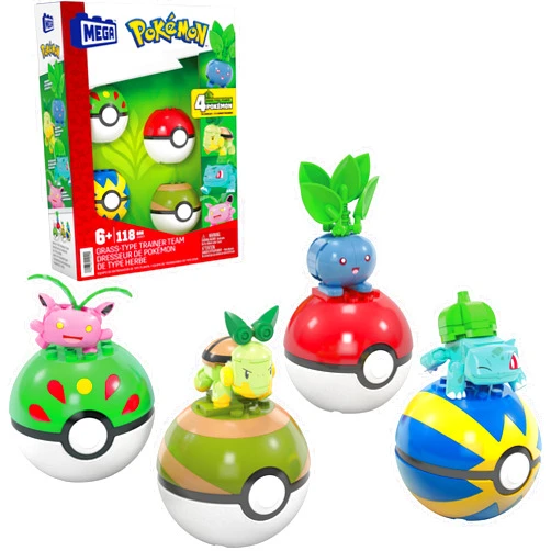 Mega Brands MEGA Pokémon Building Toys Set Grass-Type Trainer Team with 118 Pieces, 4 Poseable Character, 2 Inches Tall, for Kids
