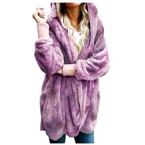 Generic Open Front Hooded Cardigan Winter Open Front Fleece Coat Women Hooded Cardigan Fuzzy Jacket