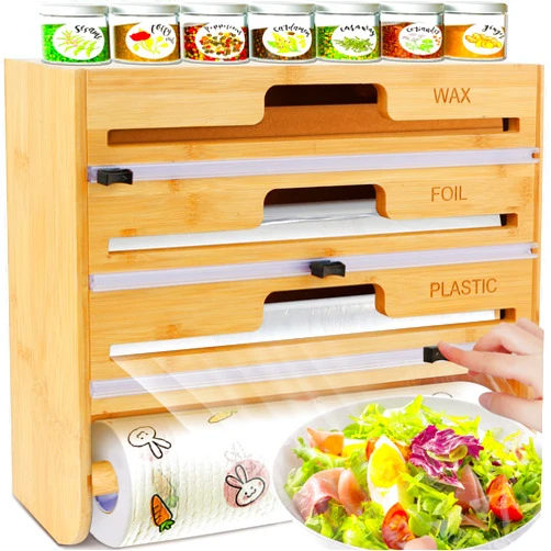 ElvesHome Foil and Plastic Wrap Organizer, Paper Towel Holder Wall Mount, 5 in 1 Plastic Wrap Food Dispenser with Cutter for 12
