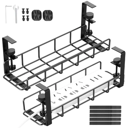 REFLYING Under Desk Cable Management Tray, 31.5'' No Drill Steel Desk Cable Organizers, Wire Management Tray Cable Management Rack, Desk Cable Tray with Wire Organizer and Desk Cord Organizer
