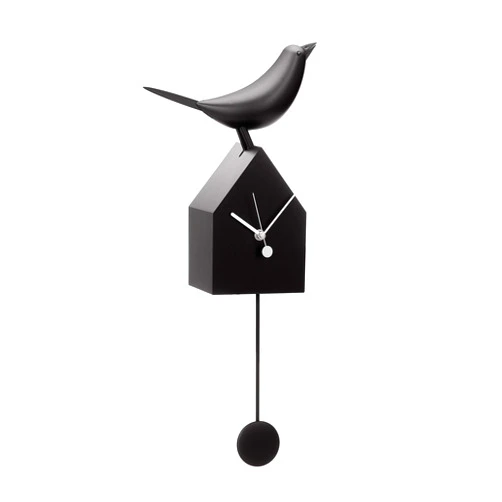 Torre & Tagus Motion Birdhouse Wall Clock with Beak Movement and Detachable Pendulum for Tabletop Placement - Mid Century Modern Bird House Wall Decor Gift for Bird Lovers, Black