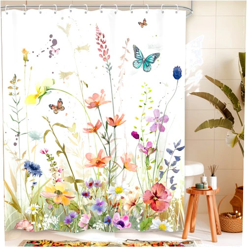 Omifly Wildflower Floral Shower Curtain 60Wx72H Inch Botanical Rustic Flower Farmhouse Colorful Plant Spring Watercolor Butterfly Nature with 12 Plastic Hook Fabric Waterproof Toilet Accessories Decor