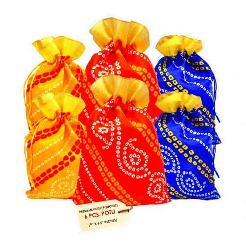 Genieland 6 Pc Big Size Designer Bandhej Potli Organza Pouch Favour Bags Dry Fruit Diwali large Holiday reusable Christmas Gift Wrapping bags Multicolor Potli Indian Housewarming Return Gift Items