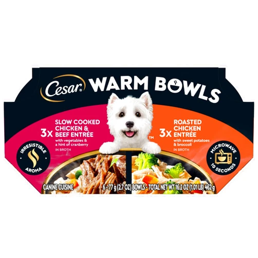 Cesar Warm Bowls Wet Dog Food Variety Pack: Chicken & Beef; and Chicken Entrées, 6 Trays
