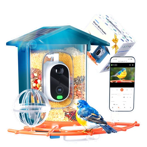 Outinput 2.5K Smart Bird Feeder with Camera Solar Powered, AI Bird Species Identification, Auto Squirrel Deterrent, Real-Time Video Notifications, Weatherproof, Ideal Gift for Family and BirdLovers, Navy Blue