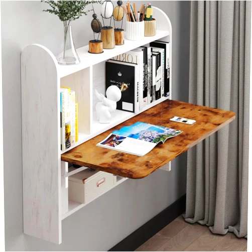 Bixiaomei Wall Mounted Drop-Leaf Table, Floating Laptop Desk, Folding Table with Shelves, Multifunctional Computer Workstation Storage Compartments in Home Office for Space Saving (Rustic Brown)