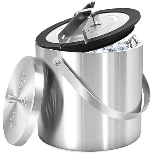 Hillbond Ice Bucket with Silicone Lid 3L Double Wall Bucket Ice Tongs Handle and Strainer Large Stainless Steel Insulated Ice Buckets for Parties Cocktail Bar Home Bar Wine Bottle