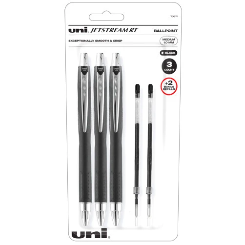 Uni-Ball Jetstream Rt Ball Point Pens Black - Writing Pens Bold Point (1.0mm) - 3 Ink pens With 2 Refills - Smooth Writting Pens Ideal for Left Handed Writers
