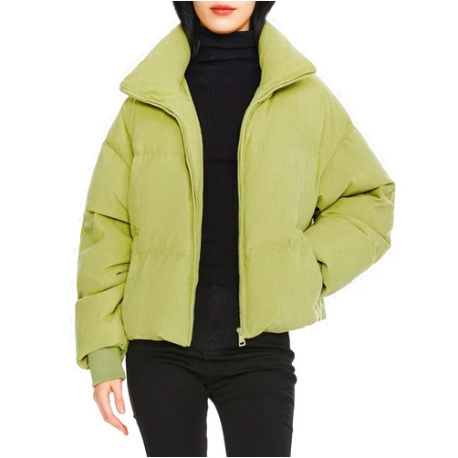 Orolay Women's Corduroy Zip Puffer Jacket - Stand Collar Baggy Down Coat Cropped Overcoat with Pockets