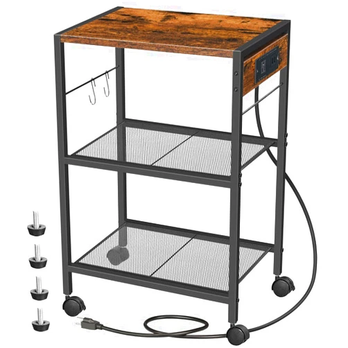 HOOBRO Industrial Printer Stand, 3-Tier Mobile Printer Table, Rolling Cart with Power Outlets and USB Ports, Home Printer Stand with 2 Hooks, for Office, Living Room, Rustic Brown BF22UPS01