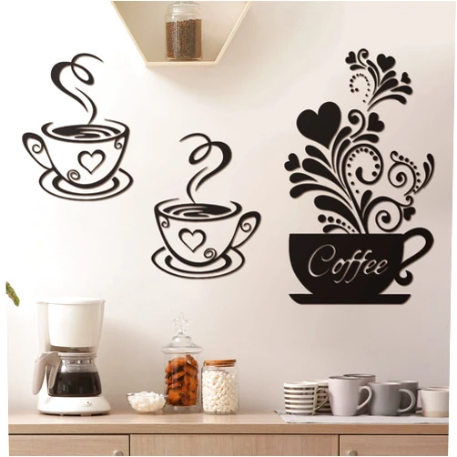 Chinco Kitchen Wall Decor Sticker Coffee Tea Cup Flower Art Wall Sticker Black Coffee Cup Art Stickers Removable DIY Vinyl Decor Station Decorations for Kitchen Shop Cafe Pub