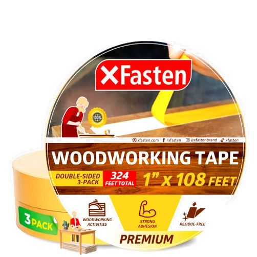 XFasten Double Sided Woodworking Tape 1 Inch x 108 Feet (3-Pack), Residue-Free Double Sided Tape for Wood Template, MDF, Edge Banding, Routing, Anchoring, Strong Adhesion but Removable