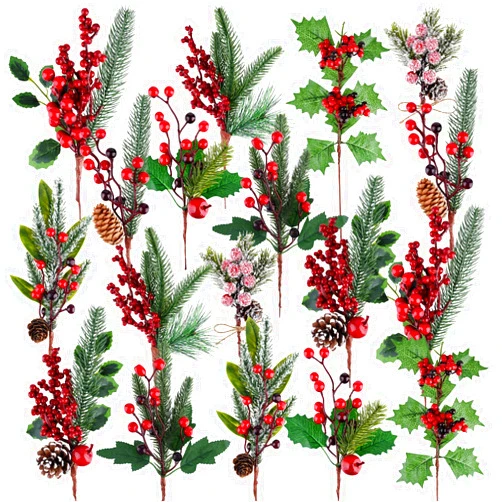 MIAHART 18 Pcs Christmas Picks Artificial Pine Branches Red Berry Stems Pine Picks Spray with Pine Cone Apples Holly Leaves for Craft Floral Wreath Picks Christmas Tree Picks Winter Decorations
