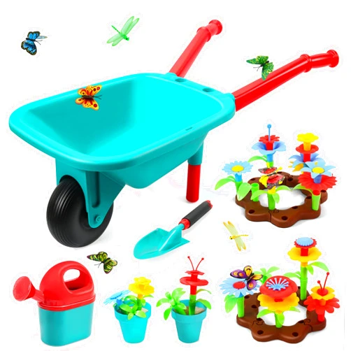 CUTE STONE Kids Gardening Tool Set, Garden Toys with Wheelbarrow, Watering Can, Shovel, Flower Garden Building Toy, Pretend Play Outdoor Indoor Toy, Activities Stem Toy Gifts for Boys Girls