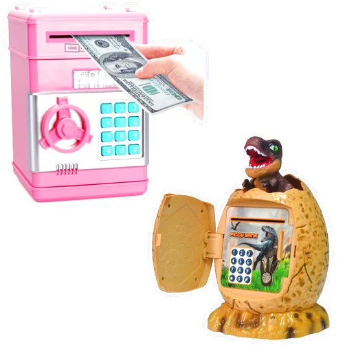 PhilaeEC 2 Pack Piggy Bank for Kids, Girls Boys Money Banks, Great Birthday Christmas Toy Gifts for Children, Kids Safe Coin Bills Cash Banks Money Saving Box Password Code Lock Box - Pink+Dinosaur