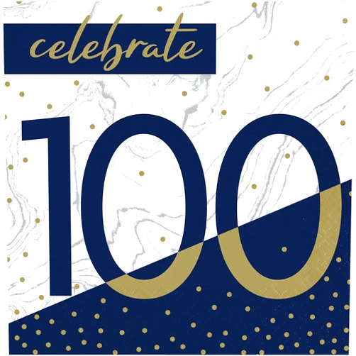 Creative Converting Navy and Gold 100th Birthday Napkins, 6.5
