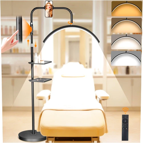 young master Half Moon Lash Light, 24W 1500LM Dimmable LED Floor Lamp with Adjustable Height for Lash Techs, Tattoo & Nail Artists, 4 Color Modes, Phone Holder & 2 Trays