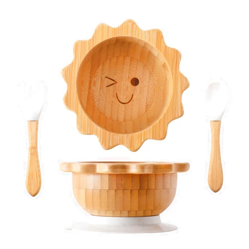 Let's make Bamboo Suction Bowl for Baby Kid Toddler Bowl Spoon Fork Set with Removable Silicone Suction All-Natural Baby Feeding Set for Baby-Led Weaning Fits Feeding High Chair Table
