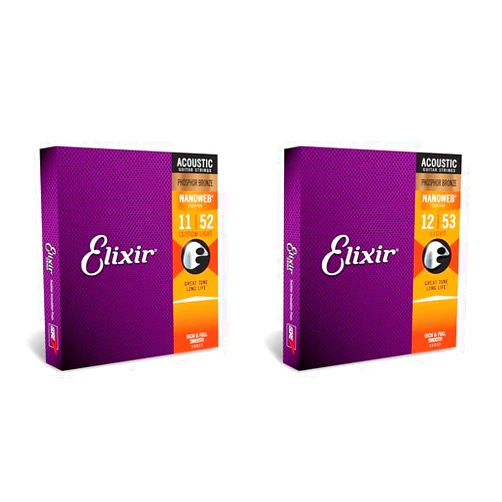 Elixir Acoustic Guitar Strings with NANOWEB Coating - Phosphor Bronze - Custom Light (.011-.052) and Light (.012-.053)
