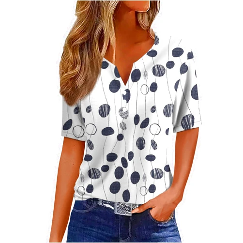 Generic Womens Short Sleeve Tops 2024 Trendy Summer T Shirt Casual V Neck Pullover Button Printed Blouse Plus Size Tees