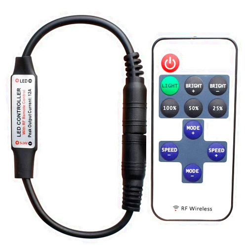 LEDLightsWorld RF Mini Wireless Remote Controller for Single Color 3528 5050 LED Strip Lights, Wireless Remote Control with DC Connector, RF Dimmer for 12V DC LED Ribbon, Shelf Lights