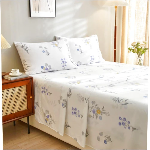 VClife California King Sheets Girls Yellow Purple White Floral Printed Sheets Sets, 1 Flat Sheet, 1 Fitted Sheet with 16
