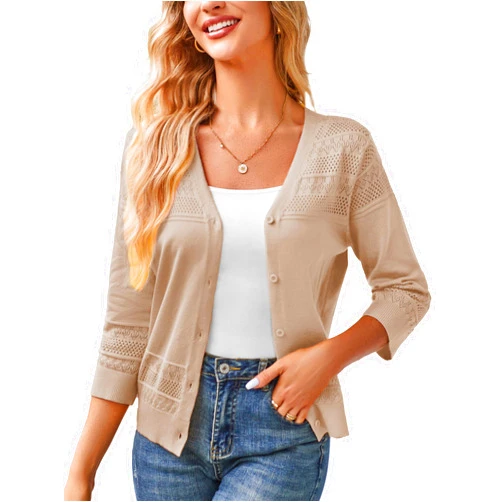 GRACE KARIN Women's 2025 Cropped Cardigan 3/4 Sleeve Lightweight Crochet Shrug Hollowed-Out Knit Sweater Tops